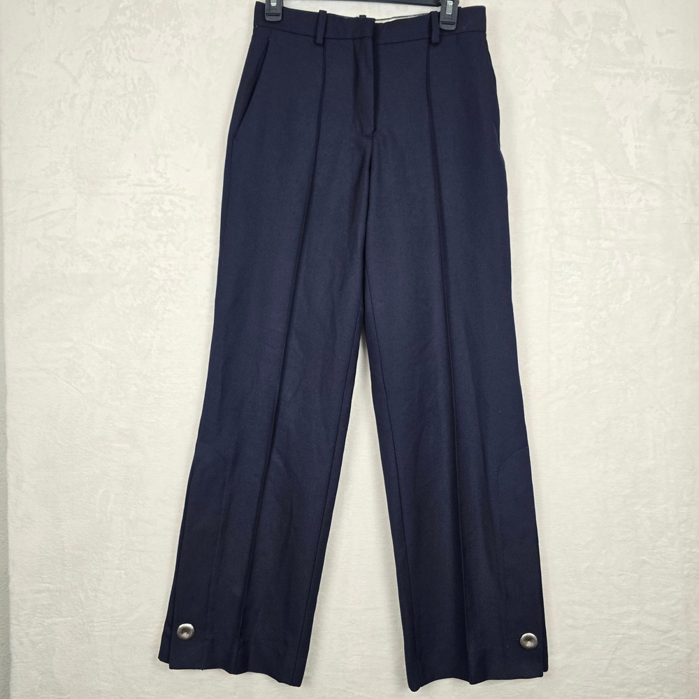 Zara Womens Navy Blue High Waisted Straight Leg Button Hem Trousers XS 8523/524